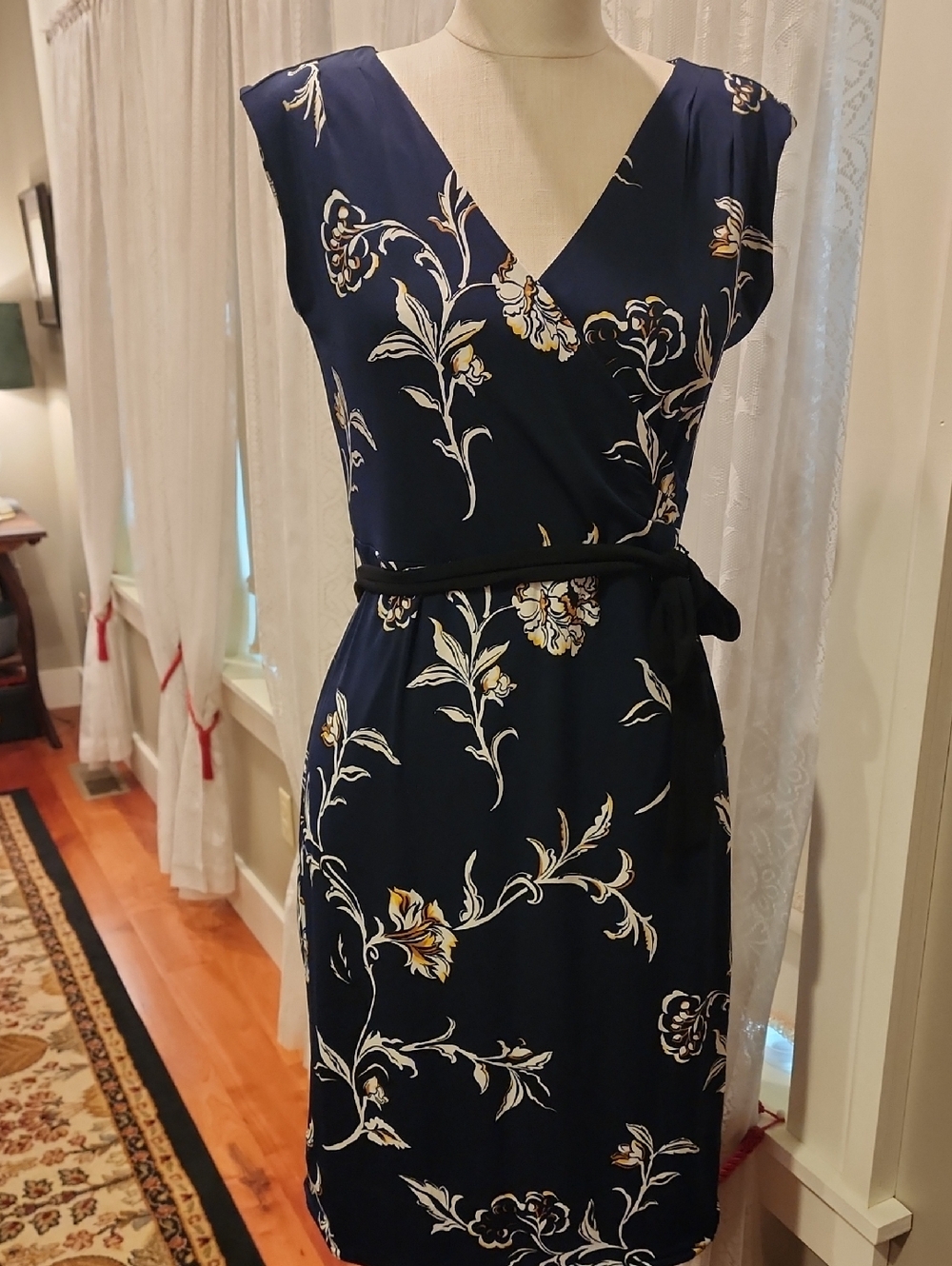 Reversible White House Black Market Navy Floral Faux-Wrap Midi Dress